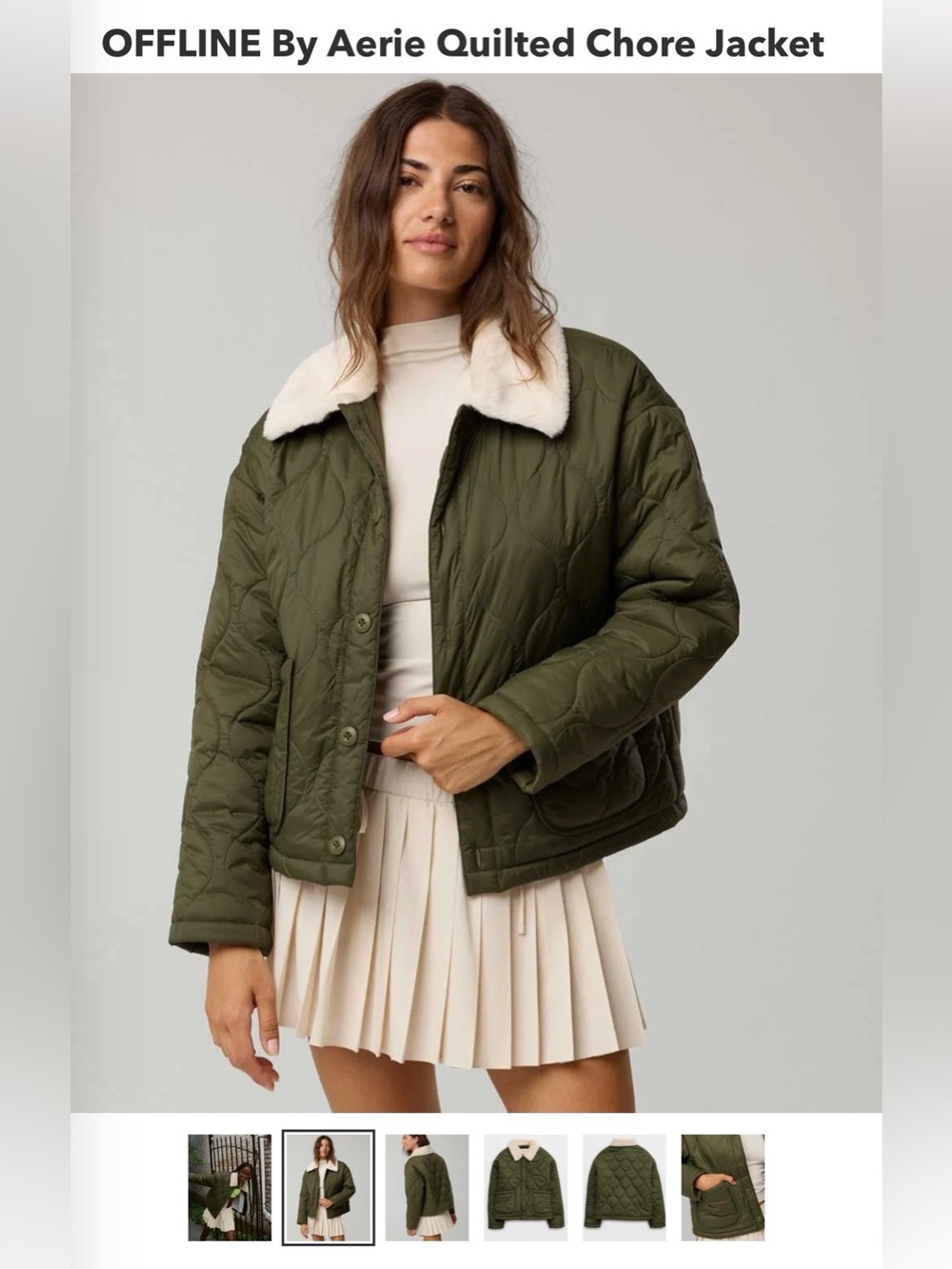 aerie Olive Quilted Puffer Jacket with Cream Faux-Shearling Collar